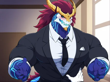 masterpiece,best quality,toraya \(doujintraya\),konya karasue,anime coloring,anime screenshot,bara,(barazoku:1.15),(muscular,big muscles,muscular male:1.1),cowboy shot,(pov,:1.1),(pov_hands:1.1),(hand on another's hip),1boy,furry male,dragon,aurelion sol,skull head,blue skin,yellow headgear,blue eyes,black sclera,(blue body markings:0.9),5 fingers,red hair,tail tuft,big muscles,<lora:aurelion sol_noob_prodigy-000040:1>,butler uniform,white_shirt under clothes,black tuxedo,necktie,white gloves,headgear,
standing,blush,surprised,bedroom,window,detailed background,aurelion sol is opening his hand helplessly,spread arms,