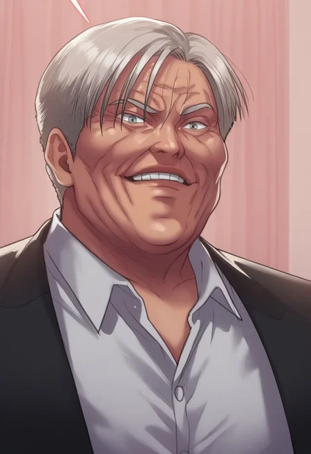 score_9, score_8_up, score_8_up, 1boy (old man, wearing black suit, white collared shirt underneath), man standing, man smirking, badass, solo male, close up on mans face, high resolution, man looking down at viewer, man evil expression, close up, zoom on face, 
man taking off jacket, man taking off shirt, man baring chest, man undressing,
indoor setting, indoors,night,carpet,stage,stripper pole,curtains,table,
pink theme,pink light,pink neon stage, gothicPXL