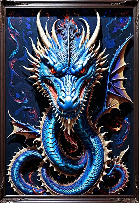 A Alpha Dragon. gothic Art Stylistically diverse painting, create a new and unique visual experience, complex expressions! In the outta realms of your mind, In a world where full 3D is all that matters, Taking art to another level, With colors we never knew exsisted, with mind blowing depth and foreground clarity, abstract details, distinctive visuals, Intricate and Exquisite Definition, (3D Framed, Dragon), Painstaking Attention To Details, Dragon Fire, Blue scales