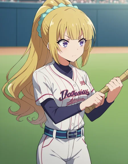 score_9, score_8_up, score_7_up, source_anime, <lora:kei-karuizawa-anime-s2-ponyxl-lora-nochekaiser:1>, kei karuizawa, long hair, bangs, blunt bangs, purple eyes, blonde hair, hair ornament, ponytail, scrunchie, blue scrunchie, medium breasts,, <lora:baseball-uniform-ponyxl-lora-nochekaiser:1> baseball uniform, baseball, striped belt, shirt under shirt, sportswear, ribbed shirt, baseball helmet, baseball bat, baseball jersey, baseball field, holding baseball bat,, , cowboy shot,