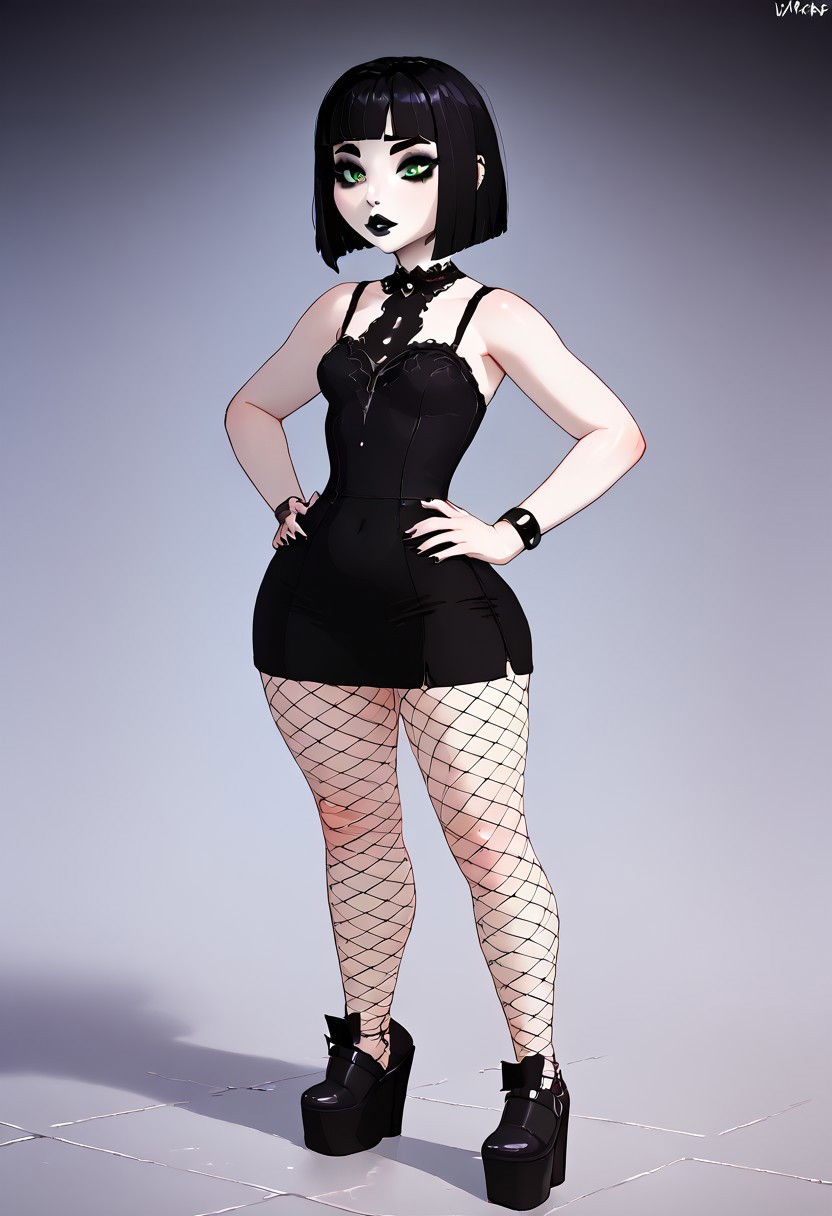 4k, fine detail, high quality eyes, masterpiece, best quality, amazing quality, w-oo-t, 1girl, woman, Goth, black hair, hime cut, blunt bangs, white skin, pale skin, pure white skin, black lipstick, tall, huge platform heels, fishnets, skirt, green eyes, dark makeup, long eyelashes, 
perfect face, perfect eyes, perfect nose, perfect mouth, 
thin, tall, long legs, small breasts, 
hands on hips, 
Expressiveh,