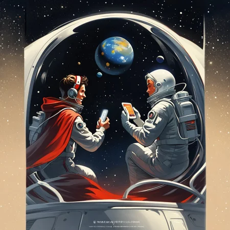 hairband, watermark, holding phone, space, spacesuit, 2boys, instrument, animification, red cape