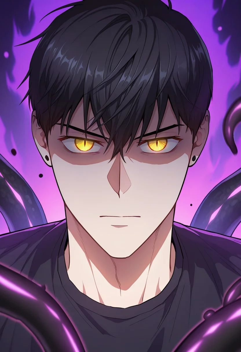 masterpiece, best quality, amazing quality,high resolution, intricate details,official style,depth of field , , , 1boy, solo, male focus, <lora:han_yoojin:0.76>,han yoojin,black hair,short hair,yellow eyes,stud earring, slit pupils,glowing eyes,purple aura, black tentacles