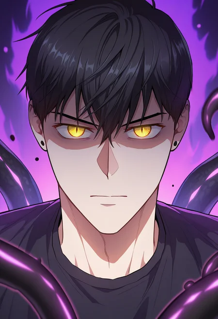 masterpiece, best quality, amazing quality,high resolution, intricate details,official style,depth of field , , , 1boy, solo, male focus,  <lora:han_yoojin:0.76>,han yoojin,black hair,short hair,yellow eyes,stud earring, slit pupils,glowing eyes,purple aura, black tentacles