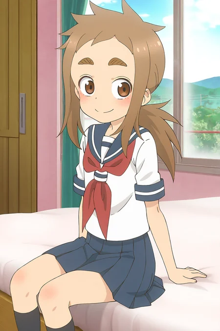 masterpiece,best quality,good quality,rating safe,, <lora:hibino_mina-ill_narcissu:1>,mina, hibino_mina, karakai jouzu no takagi-san,1girl, solo, , brown hair, brown eyes, thick eyebrows, long hair, ponytail, serafuku, red neckerchief, blue sailor collar, short sleeves, white shirt,blue skirt,black socks,anime screencap,blush,sitting on the bed,looking at view,bedroom,smile