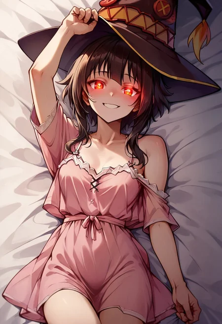 Megumin from konosuba lying in bed in a night gown. Soft smile, moonlit bed, looking at viewer, glowing eyes. 
score_9,score_8_up,score_7_up,score_6_up