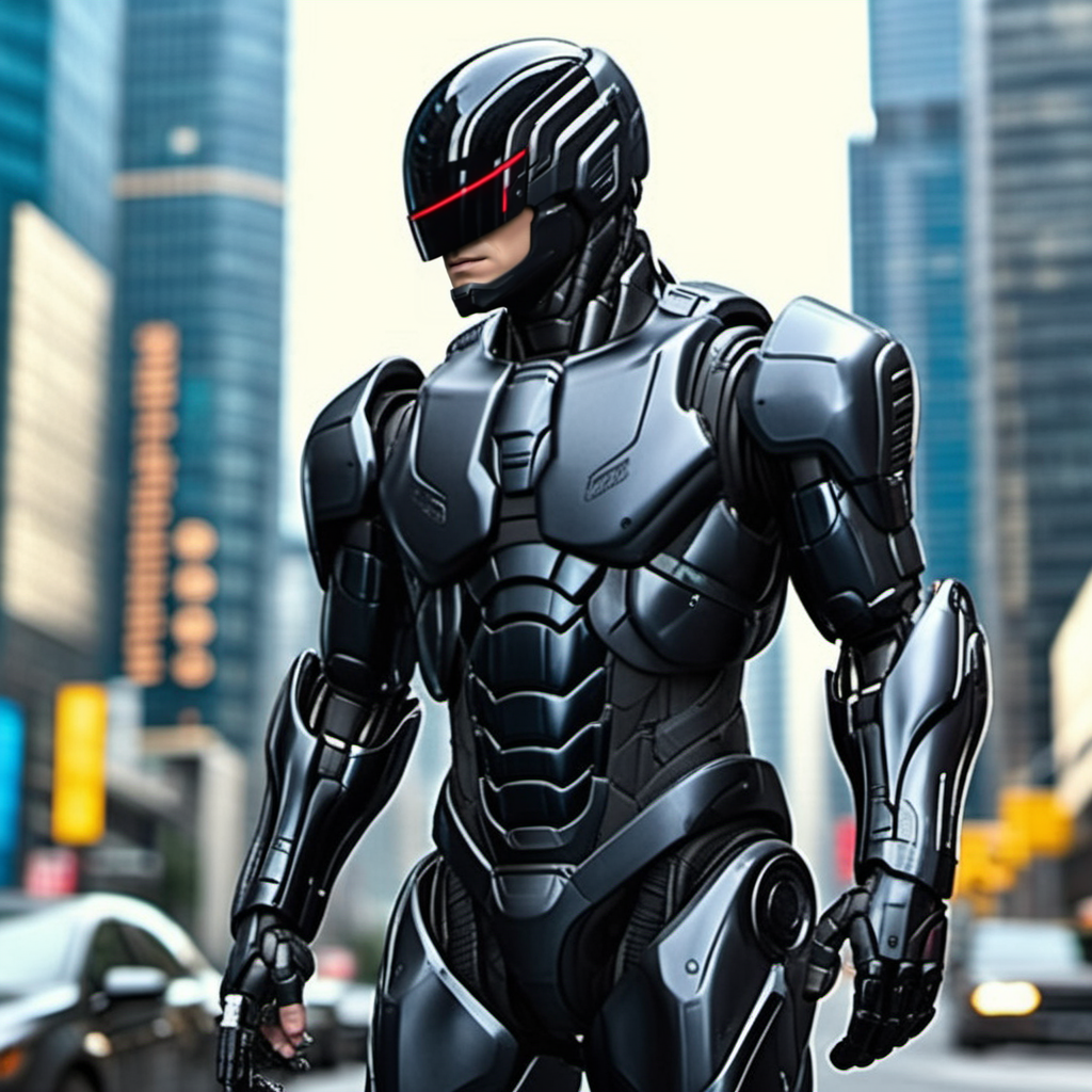 Robocop2014, a black armored robot, full body, cyberpunk city background, highly detailed,  photography, ultra sharp, film, professional, 64k <lora:add-detail-xl:1.5>  <lora:Robocop2014-1024-000325:0.6>