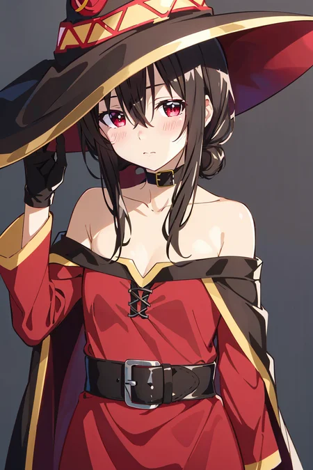 koe no katachi, megumin, 1girl, bare shoulders, black cape, black gloves, black hair, blush, cape, choker, collarbone, dress, hair between eyes, hat, long sleeves, looking at viewer, medium hair, off-shoulder dress, off shoulder, red dress, red eyes, sidelocks, solo, witch hat, ((masterpiece)) <lora:koe_no_katachi_offset:1>