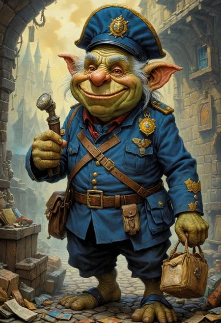 masterpiece,best quality,Detritus from Discworld, large troll character, wearing a postal uniform, detailed illustration, fantasy art style, vibrant colors, by Paul Kidby, whimsical and humorous, highly detailed, expressive facial features, dynamic pose, 4k resolution, masterpiece digital painting