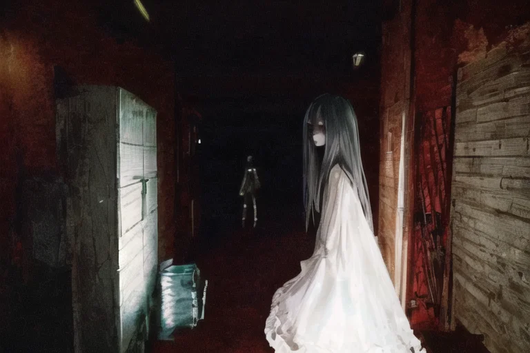 ((masterpiece)),(best quality), absurdres,sadako_yamamura,red eyes, white dress, <lora:death2HorrorLocon_v10:0.7>,horror (theme),dark, 1girl,night, dark, vanishing point,1other,looking at viewer,monster,