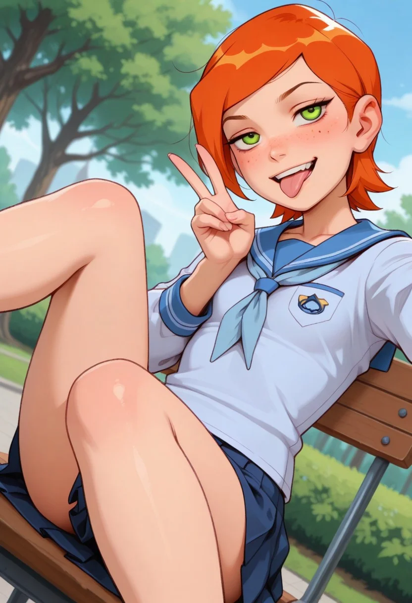 masterpiece, best quality, good quality, very aesthetic, absurdres, newest, 8K, depth of field, focused subject, mythp0rt,
stylized, wabi sabi,
1girl, gwentennyson, orange hair, short hair, green eyes, messy hair, freckles, cute,
smug, mouth open, tongue out,
petite body, small waist, curvy, thighs, shapely legs,
small breasts,
school uniform,
dynamic angle, selfie,
sitting, legs spread, legs raised, peace sign,
park,