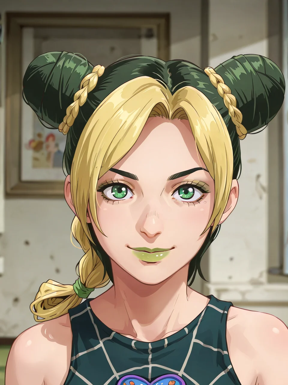 (masterpiece,best quality,newest,absurdres,highres), J0l1ne, 1girl, solo, green eyes, multicolored hair, hair bun, double bun, makeup, green lips, braid, smile, looking at viewer  <lora:Jolyne_Cujoh_IllustriousXL:1>