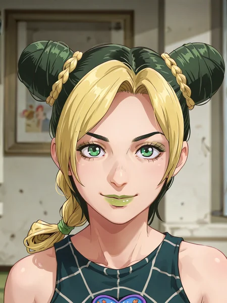(masterpiece,best quality,newest,absurdres,highres), J0l1ne, 1girl, solo, green eyes, multicolored hair, hair bun, double bun, makeup, green lips, braid, smile, looking at viewer  <lora:Jolyne_Cujoh_IllustriousXL:1>