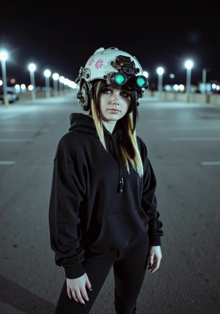 young woman with layered emo-style hair featuring long, side-swept bangs that partially cover one eye, her hair dark with soft blonde highlights; she stands in a dimly lit parking lot at night, wearing a white military helmet decorated with pink cherry blossom designs, with two long, forward-facing night vision goggle lenses extending slightly past her face, glowing faintly green; she is dressed in an oversized dark hoodie, fitted skinny jeans, and black high-top sneakers, creating a casual yet edgy look; her expression is calm and focused, with a touch of mystery; the parking lot around her is illuminated by scattered street lamps casting soft, uneven lighting, with faint reflections on the wet pavement, creating a moody, cinematic atmosphere that blends her urban attire with high-tech equipment, 1990's analog amateur photograph, Emo_JBX<lora:n0ds_10.safetensors:1.1500000000000001:1.1500000000000001> <lora:Emo_JBX_flux.safetensors:1:1>