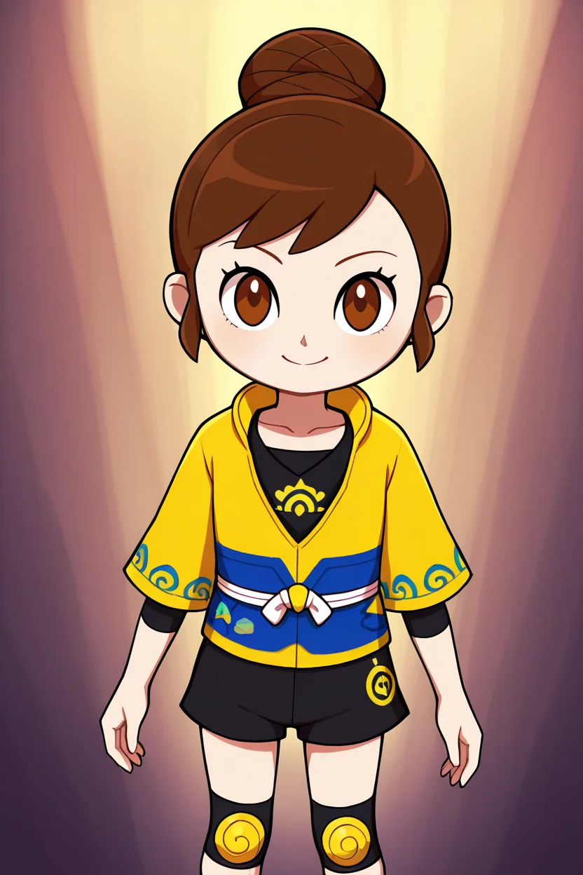 masterpiece, best quality, BREAK, zzGloria, brown hair, brown eyes, gloriaDojo, yellow jacket, black shirt, black shorts, knee pads, short hair, single hair bun, collarbone, <lora:GloriaPokemonIXL:1.0>,smile, looking at viewer, <lora:WindWaker_Style_IXL:1.0>,