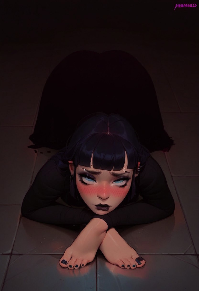 (score_9, score_8_up, score_7_up, score_6_up, score_5_up, score_4_up), source_cartoon, 1girl, feethands, feet for hands, crawling on floor, goth, black toenail polish, horny, mad, blushing, ripped black dress, boobs squished against floor,