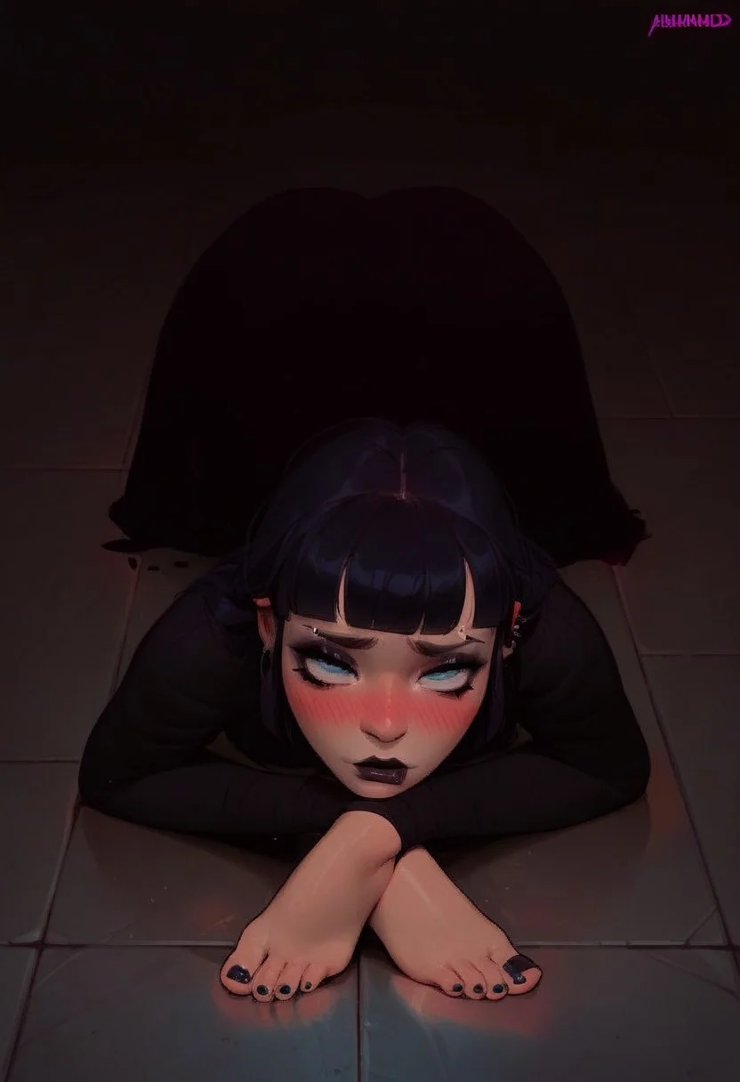 (score_9, score_8_up, score_7_up, score_6_up, score_5_up, score_4_up), source_cartoon, 1girl, feethands, feet for hands, crawling on floor, goth, black toenail polish, horny, mad, blushing, ripped black dress, boobs squished against floor,