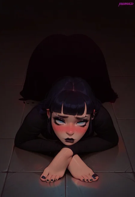 (score_9, score_8_up, score_7_up, score_6_up, score_5_up, score_4_up), source_cartoon, 1girl, feethands, feet for hands, crawling on floor, goth, black toenail polish, horny, mad, blushing, ripped black dress, boobs squished against floor,
