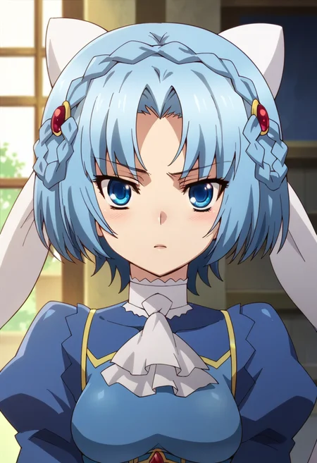 ludmina, short hair, blue eyes, blue hair, braid, puffy sleeves, puffy sleeves,ascot, juliet sleeves, upper body, <lora:Doom PonyXL Ludmina:1>, looking at viewer, score_9, score_8_up, score_7_up, score_6_up, score_5_up, score_4_up , anime coloring ,BREAK source_anime, anime