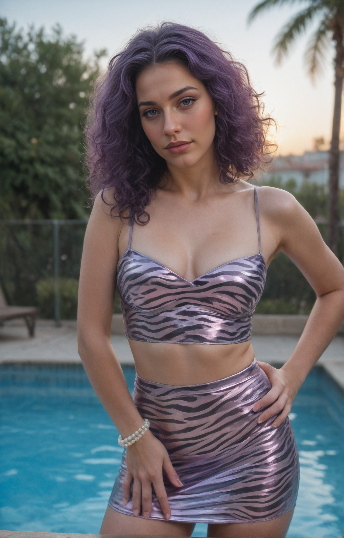 Stable_Yogis_PDXL_Positives  
Stable-Yogis-Makeup-Enhancer-XL
<lora:Dynamic_Lighting_by_Stable_Yogi_PONY2_v1:1>  dynamic lighting,
Photo shoot, of a sexy young beautiful  Nepalese model ,  Ombre lips makeup style ,  Tight curls hairstyle , Grape purple hair_color , Pearl bracelet ,  wearing Zebra print top, Sheer mesh high-slit bodycon skirt ,  luxury penthouse with a sunlit rooftop pool , shot with Panasonic Lumix G100 Mirrorless camera,  light_particles, cinematic, dynamic_angle,  beautiful, realistic, real_life.