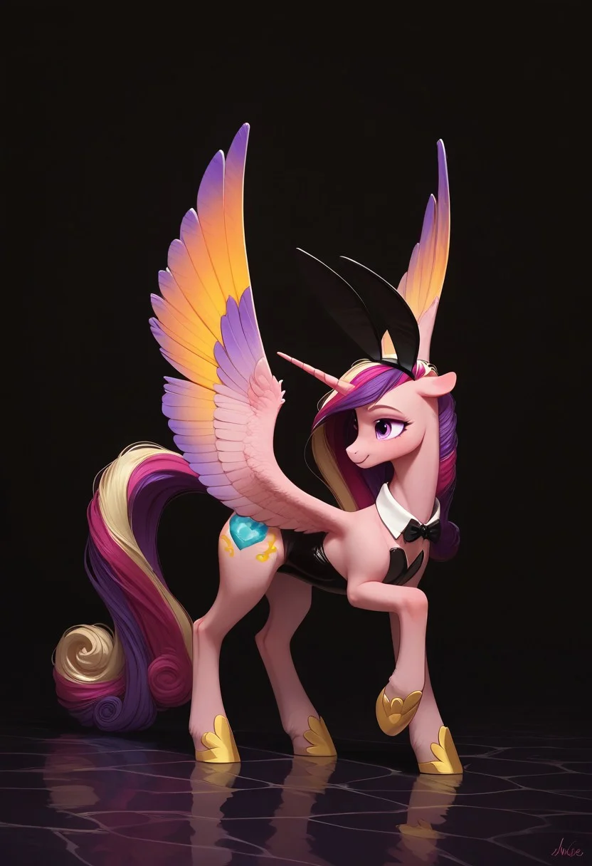 Score_9, score_8_up, score_7_up, best quality, masterpiece, intricate details, OverallDetail, zPDXL, Expressiveh, vibrant colors, colorful, solo, close up shot, body focus
BREAK Princess Cadance, wings, my little pony, feral pony, studio, petit, cute, hooves, detailed eyes, detailed wings, fluffy, wonder, playboy bunny, tailcoat, coattails, dynamic pose, posing, elegant, graceful, dancing, on all fours