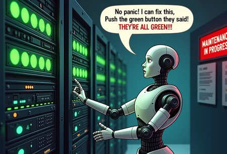 A Robot/Human hybrid performing Maintenance on a Server farm, a series of green buttons can be seen on the servers. a panicked look on his robotic features, a bubble above his head reads, No panic! I can fix this. Push the green button they said! THEY'RE ALL GREEN!!!, A red sign on the wall reads, MAINTENANCE IN PROGRESS.