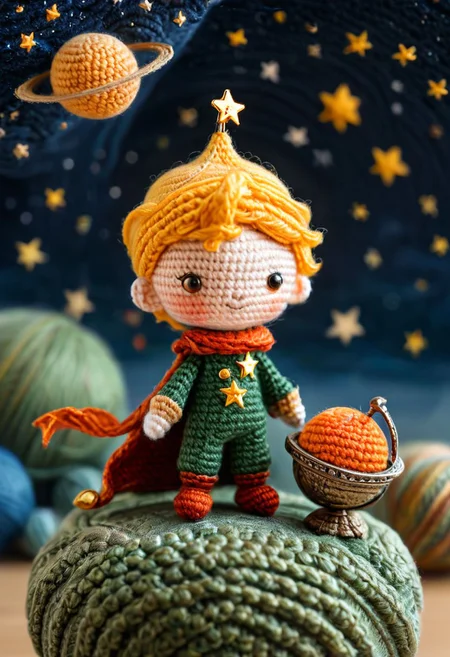 the little prince standing on small planet in starry sky, by saint exupery, crocheted style