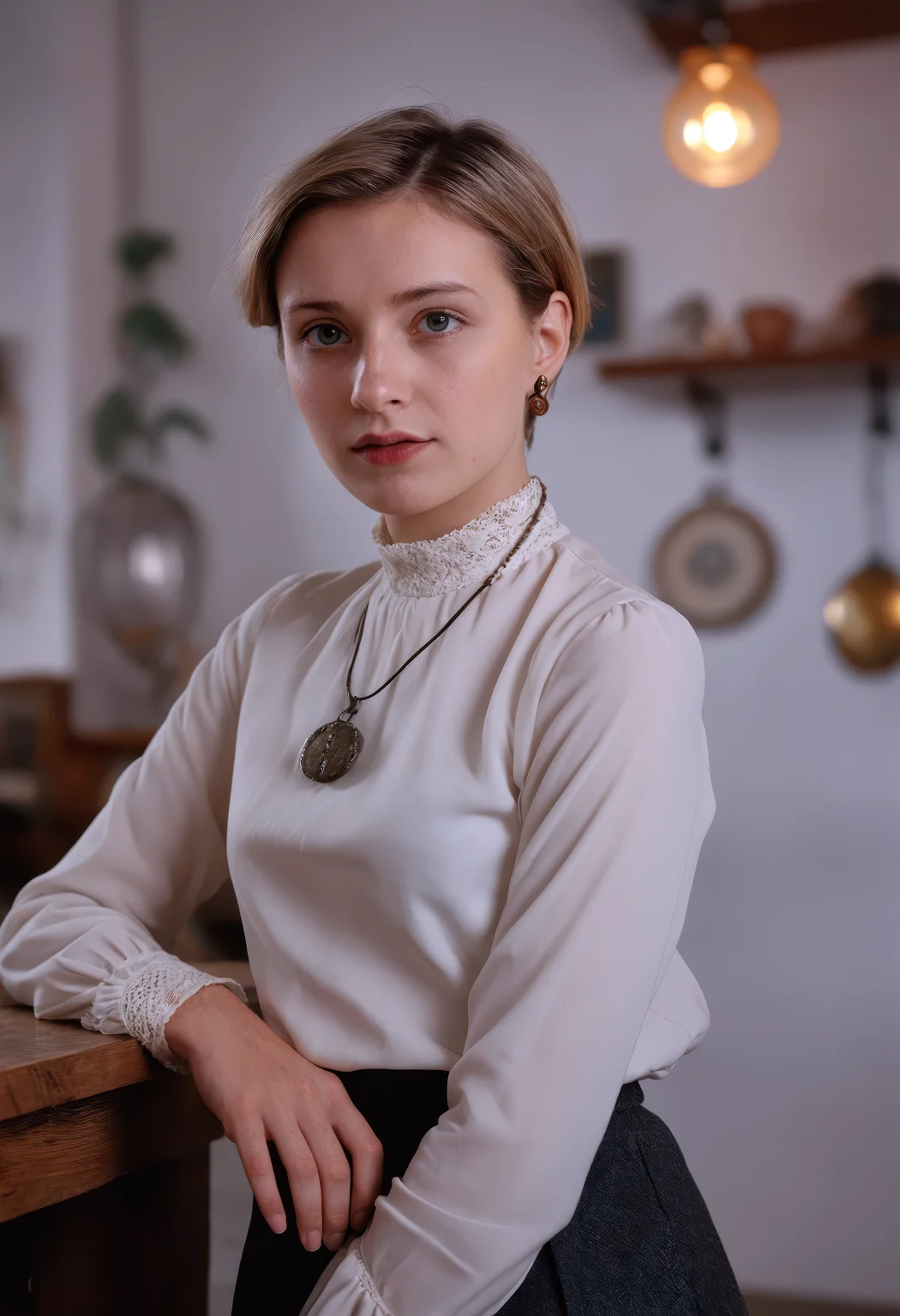 cinematic photo of a Lithuanian woman, historical society with artifacts, wearing high-neck blouse with long sleeves and culottes, side-parted pixie with clip, devout expression with earnest eyes, chai pendant with delicate links, dynamic angle, 35mm photograph, film, bokeh, professional, 4k, highly detailed