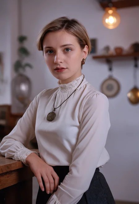 cinematic photo of a Lithuanian woman, historical society with artifacts, wearing high-neck blouse with long sleeves and culottes, side-parted pixie with clip, devout expression with earnest eyes, chai pendant with delicate links, dynamic angle, 35mm photograph, film, bokeh, professional, 4k, highly detailed
