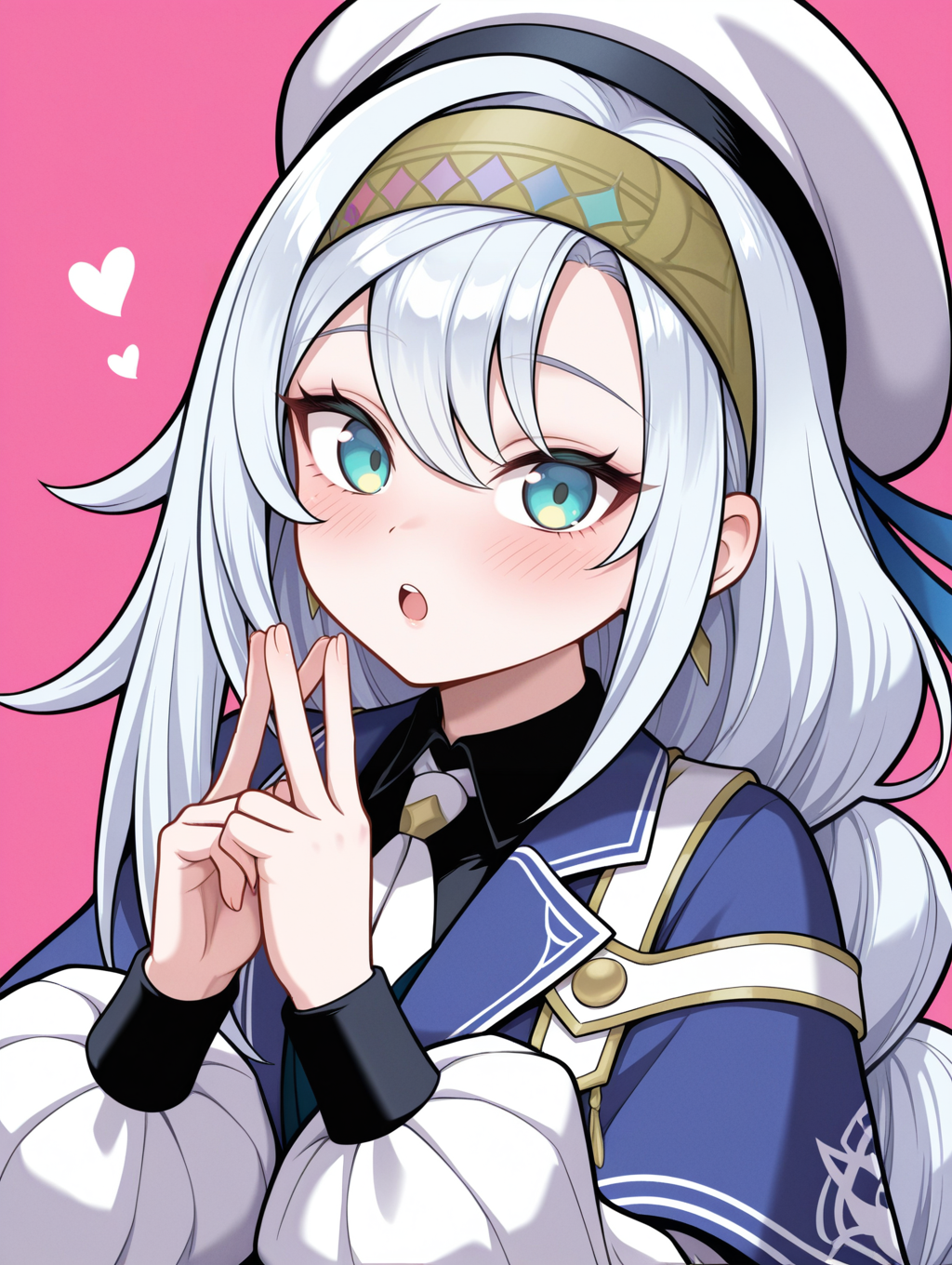artmegia finemelt,1girl,solo,looking at viewer,school,white necktie,blush,open mouth,heart,upper body,puffy long sleeves,parody,simple background,blue dress,black collared shirt,blue capelet,white beret,gold hairband,white border,own fingers together,:o,
masterpiece,best quality,amazing quality,very aesthetic,absurdres,newest,<lora:Artmegia finemelt illusXL v1.3:0.7>,