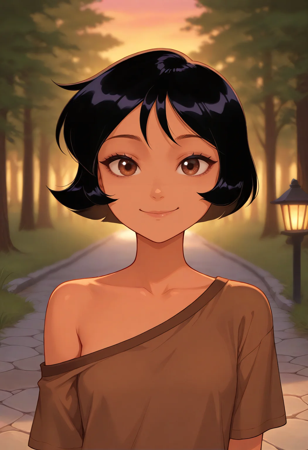very awa, masterpiece,best quality,amazing quality, best quality, newest, absurdres, highres, detailed background, detailed hair, depth of field, detailed skin, best quality, amazing quality, very aesthetic, high resolution, ultra-detailed, absurdres, OverallDetailXL, skinny, narrow waist, aged up, brown eyes, small breasts, totally spies,short hair, black hair, dark skin, Shirt, Wood Brown shirt, off shoulder, oversized shirt, f0rkedta1l, 1girl, solo, portrait, face focus, looking at viewer, facing viewer, smiling, closed mouth, forest, dusk, lantern_light, cobblestone_path, weeping_willow,,,