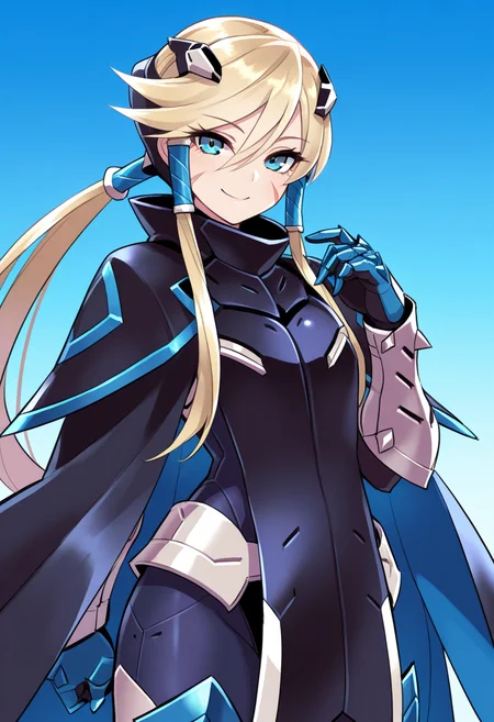masterpiece, best quality,  <lora:blade:1>, g.v.blade, blue eyes, headgear, scar on face, bangs, cape, gauntlets, armor, armored boots, smile, upper body, looking at viewer