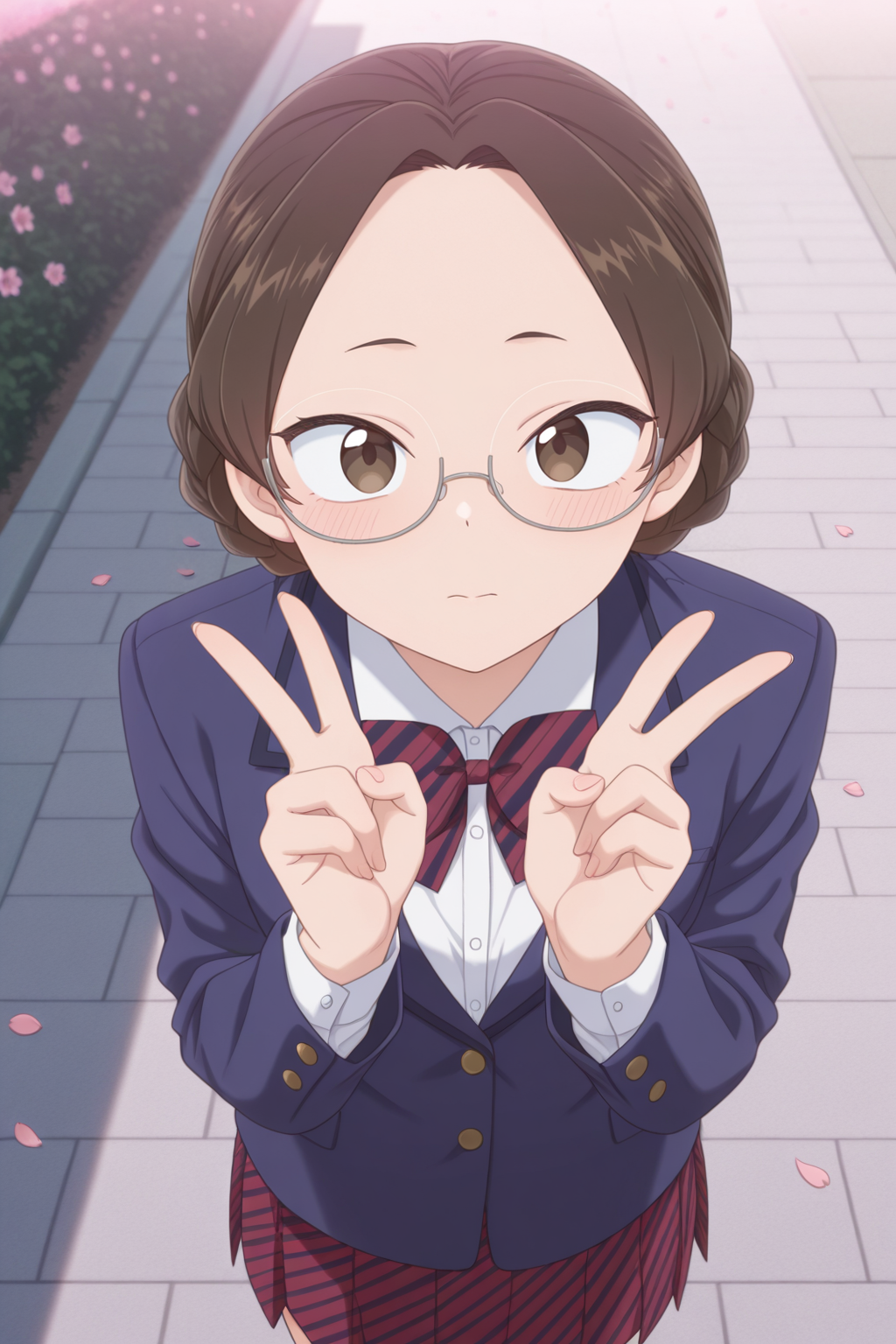 masterpiece, best quality, amazing quality, 1girl, k4t0um1kun1, short hair, brown hair, braid, brown eyes, glasses, school uniform, striped bowtie, blue jacket, white shirt, red skirt, aesthetic, outdoors, flowers, sakura petals, looking_at_viewer, standing, double v