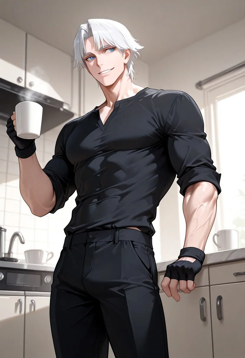 <lora:Dante:1.5> face colse-up, 1male, solo, male focus, alone, detailed, Dante ((toned male, tall, fair skin, white hair, detailed blue eyes, muscular body, muscular biceps, slim muscular thighs,)),  ((wearing black shirt rolled up, black fingerless gloves, black pants)), smiling, looking to the side, holding up a cup of coffee, inside a kitchen, old apartment, night