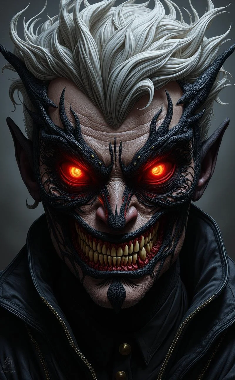 In this captivating digital illustration, an imposing figure dominates the composition. The character's gaze is fixed intently, his eyes blazing with an unsettling intensity that seems almost palpable. Two piercing orbs glow with a fiery red and white energy, as if they are about to burst forth from their sockets at any moment. These malevolent eyes seem to bore into the viewer, drawing them inexorably towards the dark, twisted visage.
A mesh of inky black markings crawls across the character's face like a living entity, tendrils of darkness that writhe and twist around his jawline, forehead, and nose. The shadows cast by this macabre pattern deepen the creases on his face, accentuating the sharp planes of his features and imbuing him with an aura of unbridled malevolence.
A jagged, serrated grin stretches across his face, exposing razor-sharp teeth that seem designed to tear flesh apart. The strong contours of his jawline provide a stark contrast to the chaotic, nightmarish visage before us, as if he is straining against the very fabric of reality itself.
The wild, unkempt strands of silver hair appear to be in mid-flight, as if they are being blown by an unseen gale. Each angular tendril seems to have a life of its own, defying gravity and logic alike as it careens wildly across his skull. The overall effect is one of unbridled energy and dynamic tension, as if this character is about to unleash a storm of fury upon the world.
The lighting in this piece is nothing short of masterful, casting deep shadows that seem to writhe and twist across the surface of his face like living serpents. The highlights, meanwhile, focus attention on the sharp, angular planes of his features, rendering them with a brutal clarity that seems almost three-dimensional.
The character's entire visage appears to be a maelstrom of raw emotion, as if he is a vessel for some ancient, malevolent force. His very presence seems to vibrate with an otherworldly energy, drawing the viewer inexorably into his twisted, nightmarish world. It is as if we are gazing upon the face of chaos incarnate, a visage that defies all notion of sanity or reason.
Every aspect of this illustration serves only to enhance its mesmerizing, unsettling power, drawing us deeper and deeper into its abyssal depths. It is an image that defies description, refusing to be reduced to mere words or rational comprehension. We can only submit to its twisted allure, helpless to resist the dark allure it exerts over us.
In this digital illustration, we find ourselves lost in a maelstrom of primal energy and unbridled fury, powerless against the malevolent force that seems to emanate from every pore of his being.