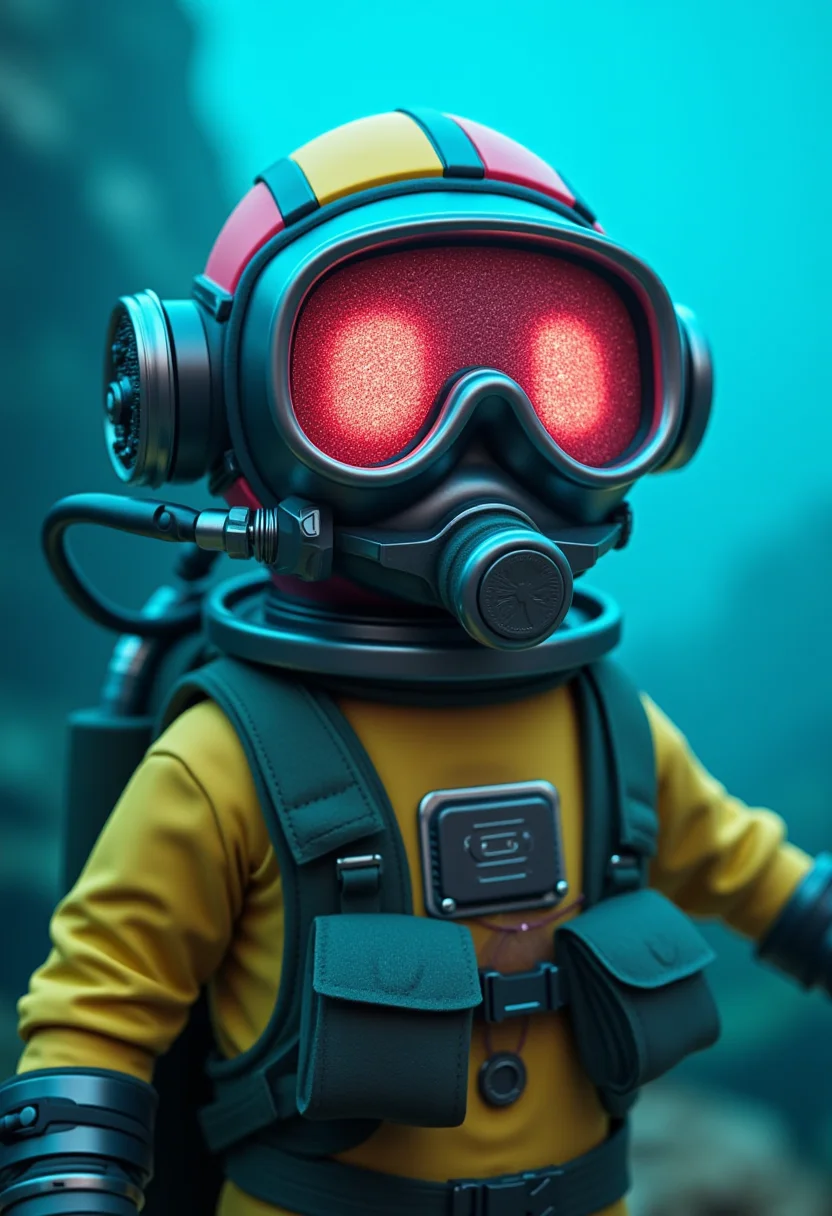 A Candy color matching deep-sea diver in an open diving helmet with no face cover, a screenshot from the film "The Diver" directed by James Cameron.zbrush diving goggles, cartoon, cute, 8k