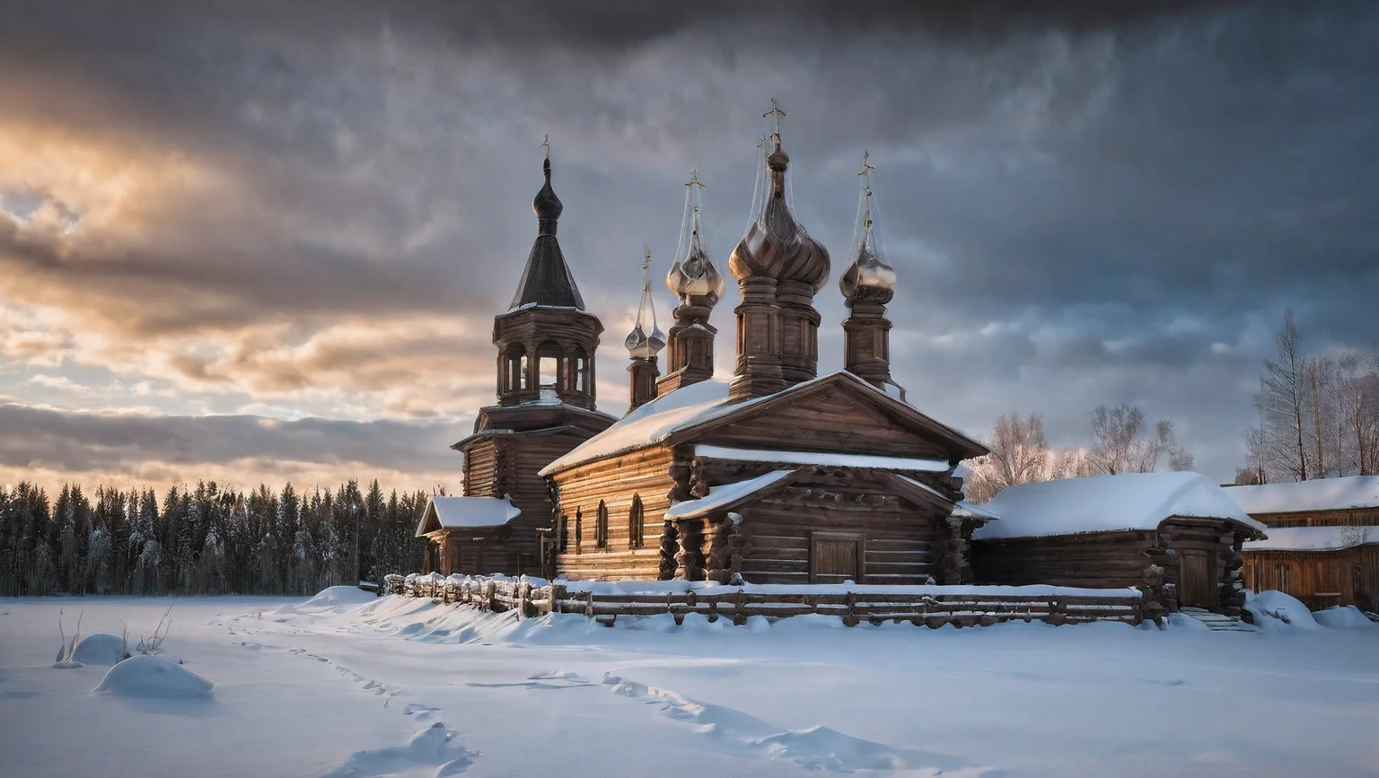 CINEMATIC SHOT, professional photo by Caravaggio of wild nature, Russia, winter, snow, wooden church, wooden village, dramatic clouds, rule of thirds, view from surface, (by Christopher Nolan:1.4),F11,(DOF, Cinematic Color grading, intricate, hyper realistic, detailed, flickr, cinematic lighting) <lora:Wild_nature_XL:1>