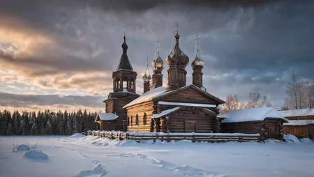 CINEMATIC SHOT, professional photo by Caravaggio of wild nature, Russia, winter, snow, wooden church, wooden village, dramatic clouds, rule of thirds, view from surface, (by Christopher Nolan:1.4),F11,(DOF, Cinematic Color grading, intricate, hyper realistic, detailed, flickr, cinematic lighting) <lora:Wild_nature_XL:1>