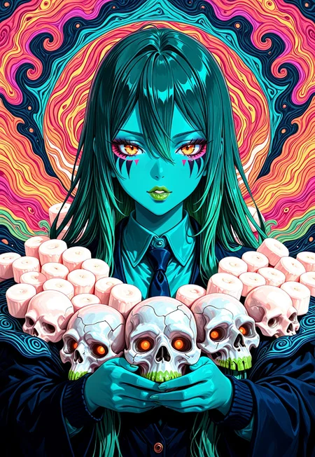 dbyou, abstract, colorful, masterpiece, best quality, very aesthetic, sharp details, 1girl, green hair, yellow eyes, long hair, hair between eyes, marshmallow, makeup, parted lips, orange eyes, colored skin, necktie, looking at viewer, solo, facepaint, facial mark, skull, green lips, lipstick, MSKDJM
