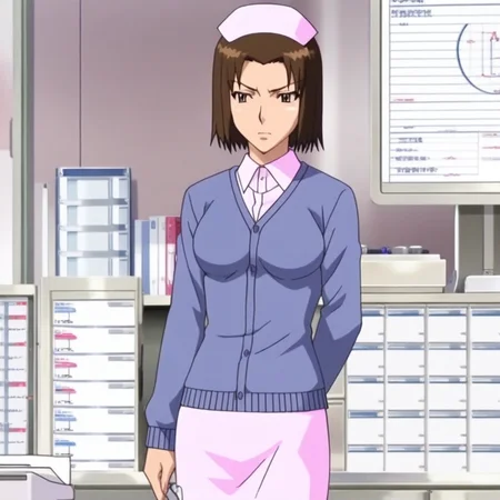 source_anime, illustration, Y4Y01S4NV1, ((score_9)),score_8_up,score_7_up,score_6_up,score_5_up,score_4_up, 1girl, brown hair, brown eyes, bare_legs, shiny skin,anime screencap, nurse cap, pink shirt, nurse, blush, pink skirt, purple cardigan, impossible_shirt