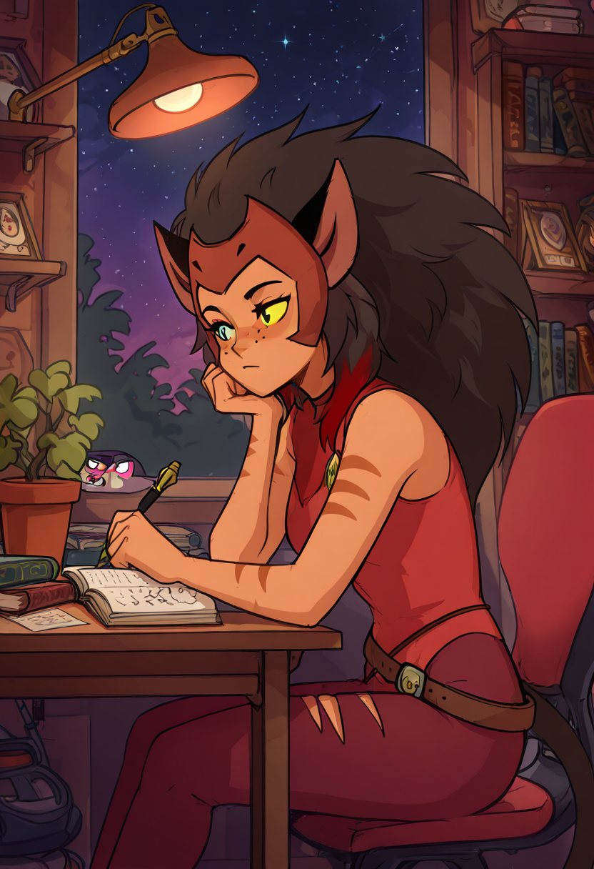 masterpiece, best quality, solo, curvy, beautiful eyes,   zzCatra, green eyes, yellow eyes, multicolored hair, cat girl, furry, big hair, brown hair, long hair, animal ears, cat ears, heterochromia, colored sclera, yellow sclera, dark skin,  freckles, blue eyes, sleeveless, belt, torn clothes, tail, black hair, pants,   ,       <lora:CatraShera_IXL:1.0>, , zzLofi, sitting, side view, desk, chair, book, bookshelf, head rest, holding, holding pen, lamp, night, open book, pen, plant, potted plant, sky, star (sky), starry sky, window, windowsill, writing, <lora:LofiGirl_Style_IXL:0.8>,