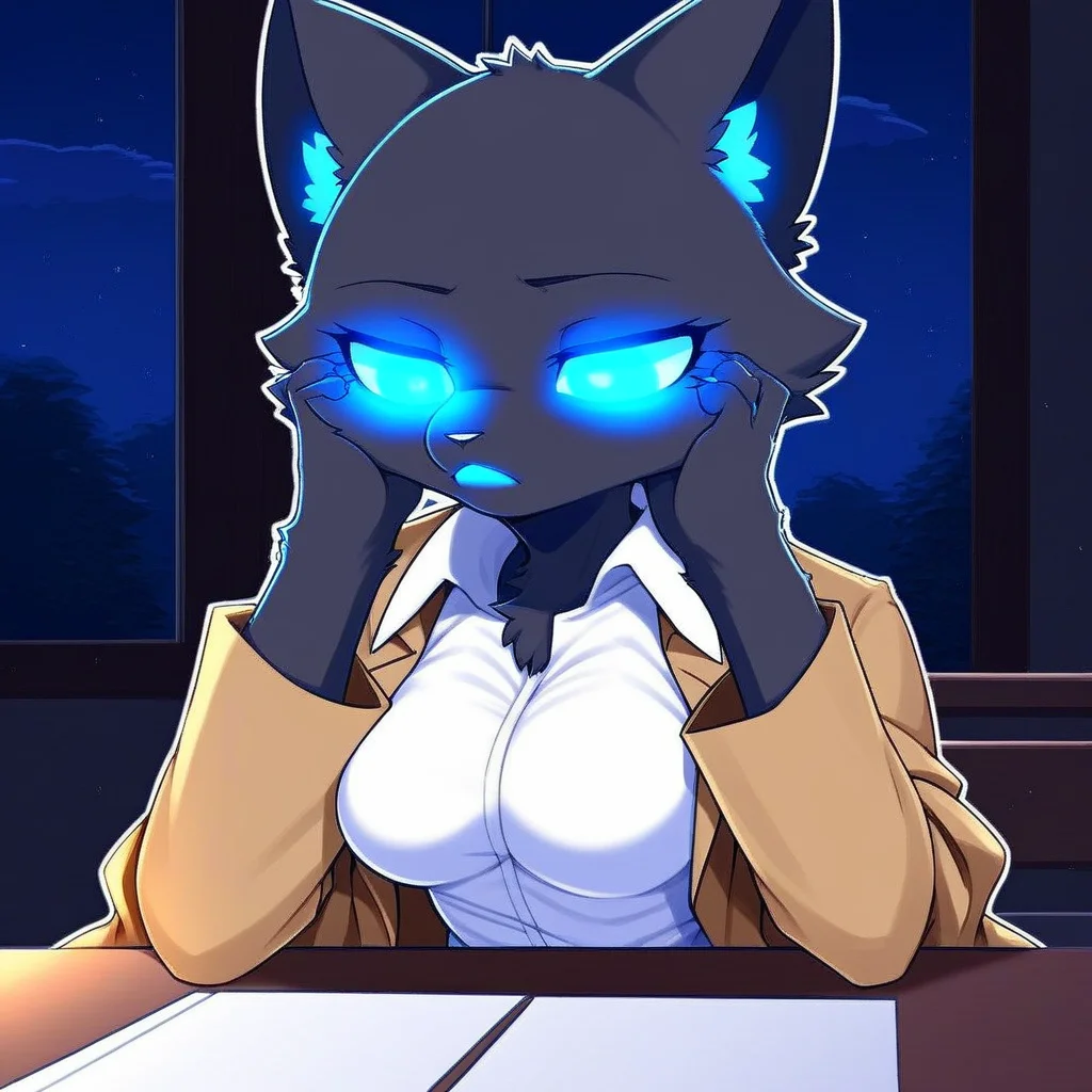 Furry, 1 girl, black fur, no coat, no hat, black pants, white shirt, blue eyes, blue mouth, indoors, night, near the table, half closed eyes, ((glowing eyes))