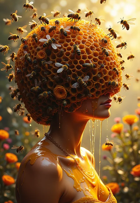 Stunning beautiful, masterpiece, raw quality, best quality, extremely detailed.Create a semi-realistic painting of a person with a beehive instead of a head, embodying an intriguing blend of nature and humanity. Surround them with a flurry of buzzing bees, creating a dynamic and lively atmosphere. Lot of honey drips from the openings of the hive, to the lips, glistening in the light and pooling around their shoulders, honey flows down onto the chest, enveloping the body. The background features a dreamy landscape filled with vibrant flowers, enhancing the surreal quality of the scene. Capture the person's body language, suggesting a calm yet whimsical demeanor, as if they are at one with the swarm of bees. The lighting should be warm and inviting, casting soft shadows that highlight the textures of the beehive and the sweetness of the honey. This composition aims to evoke a challenging the viewer's perception of identity and nature.
<lora:ImageUpgraderV2:0.65> detailmaximizer <lora:ARTifacts:0.55> art1fact <lora:fluxenhancer:0.3> fluxenhancer
