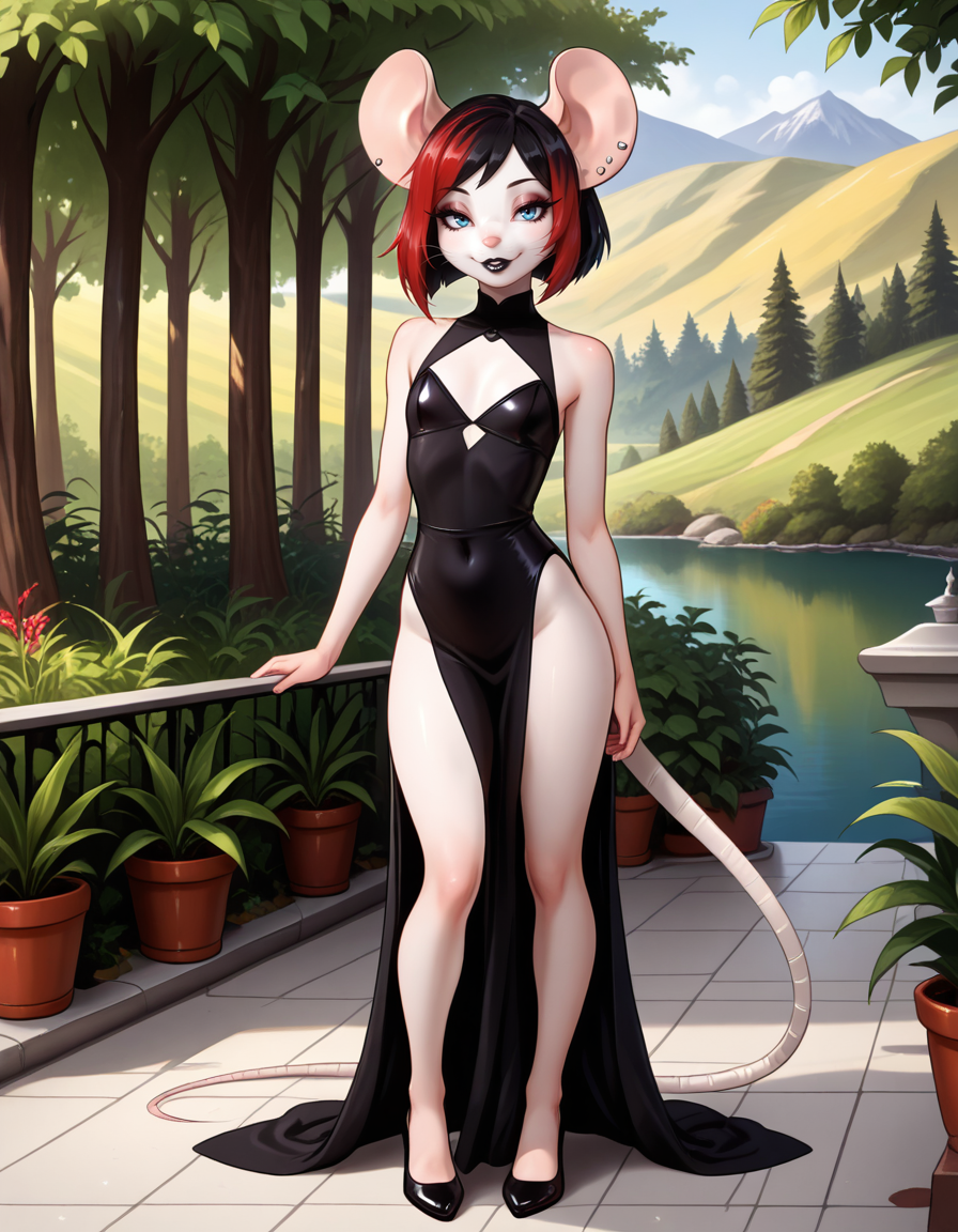 masterpiece, best quality, very aesthetic, absurdres,
outdoors,
full body, standing, posing, 
dressed, 
seductive smile, parted lips, long eyelashes,
 <lora:Francis_v01_NAIXL:1>
Francis,1girl,solo,furry female, mouse girl, mouse ears, ear piercing, earrings, short hair, multicolored hair, red hair ,black hair ,blue eyes, eyeshadow, animal nose, whiskers, black lipstick, piercing, body fur, white fur, mouse tail,