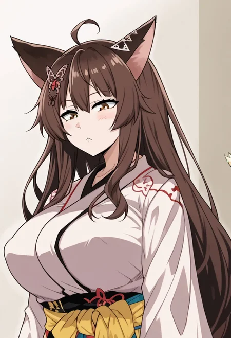 1girl, fumi \(nijisanji\), animal ears, long hair,, brown eyes, hair ornament, sash, very long hair, butterfly hair ornament, brown hair, hair between eyes, virtual youtuber, hair flower, fox ears, fox girl, tail, fox tail, <lora:pony_char_fumi_(nijisanji)-000045:1>,,,,, anime coloring, anime screencap, 1girl,Solo ,, anime,PUFFY nipple,huge breasts,,official art, Uncensored ,Unedited ,,,, , ,,,