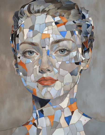 Art by Tigran Matulian. A digital illustration shoot from a portrait camera angle about a close-up portrait of a woman's face made up of colorful mosaic tiles in a mosaic style. the image also shows the texture of the tiles in various shades of gray, blue, orange, and white, creating a mosaic effect. on the middle of the image, a woman appears to be facing the viewer, with her blue eyes looking directly at the viewer. she has a neutral expression and her lips are painted red. her face is composed of small, uneven tiles in shades of grey, blue and orange, with some areas having a slightly darker shade and others having a lighter shade. her hair is styled in a neat manner, and she is wearing minimal clothing. the background is a simple, textured wall with muted colors, adding to the overall sense of depth and dimensionality in the image.