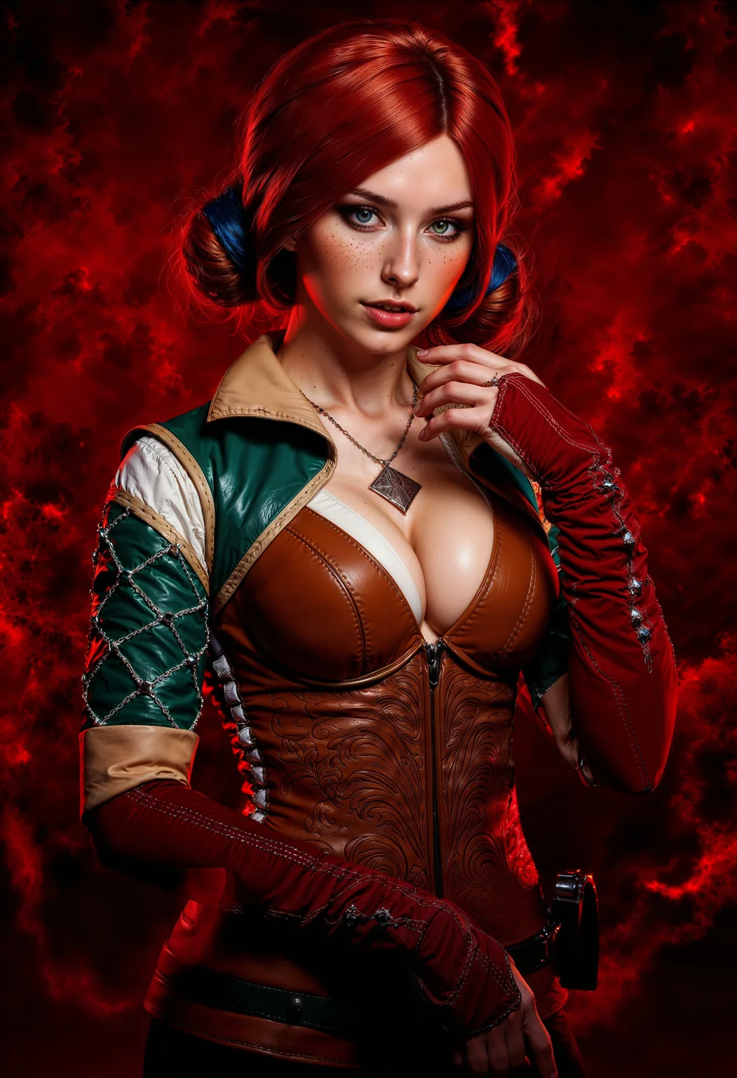 TrissM, a portrait of a stylized, TrissM character with a striking appearance. The character has tied red hair, and intense piercing eyes that stand out against her fair skin and freckled face. She wears a brown leather corset, exuding a medieval vibe. Her arms are adorned with red gloves, adding to her distinctive look. The background is a dark red with abstract, dynamic patterns, enhancing the bold and energetic feel of the image. The overall composition is centered, focusing on the character's upper body and intense gaze, creating a powerful visual impact.
<lora:FluxTrissMV1:1> <lora:FluxMythP0rtr4itStyle:0.7>