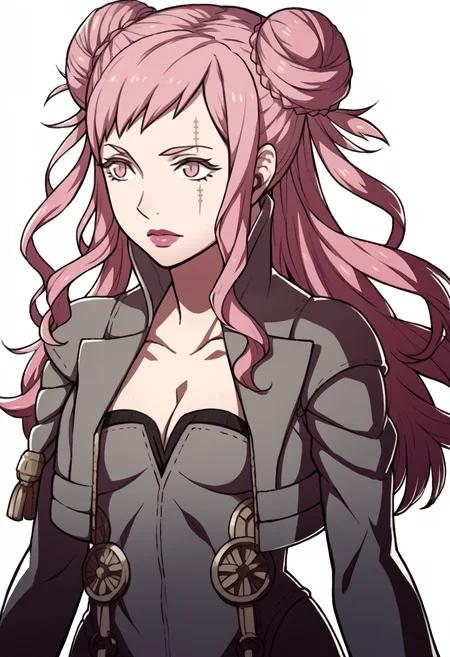 score_9, score_8_up, score_7_up, source_anime BREAK 1girl, solo,
<lora:zs_FatesPortraitsXL:1> fatesportraits, portraits, white background
<lora:zs_ArgillaXL:1> argilladds, pink hair, pink eyes, long hair, double bun, scar, cropped jacket, grey dress, open slit, medium breasts, cleavage, makeup, lipstick,