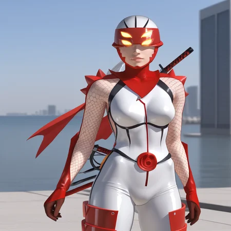 <lora:hibana_pony_v1:.8> HibanaArmor, 1girl, bodysuit, belt, glowing eyes, breasts, gloves, superhero