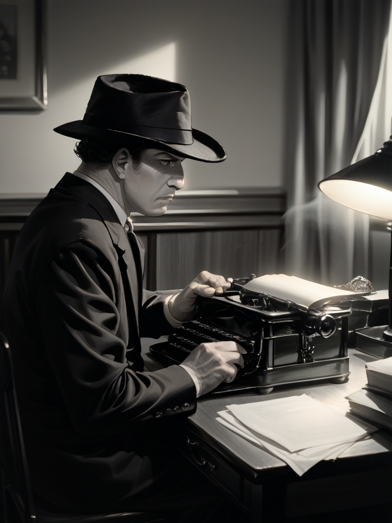 score_9, score_8_up, score_7_up, source_anime, BREAK

1boy, A detective, sitting, desk, typing, typewriter, Hat. Mood Lighting, Monochrome, Smoky, Desk Lamp